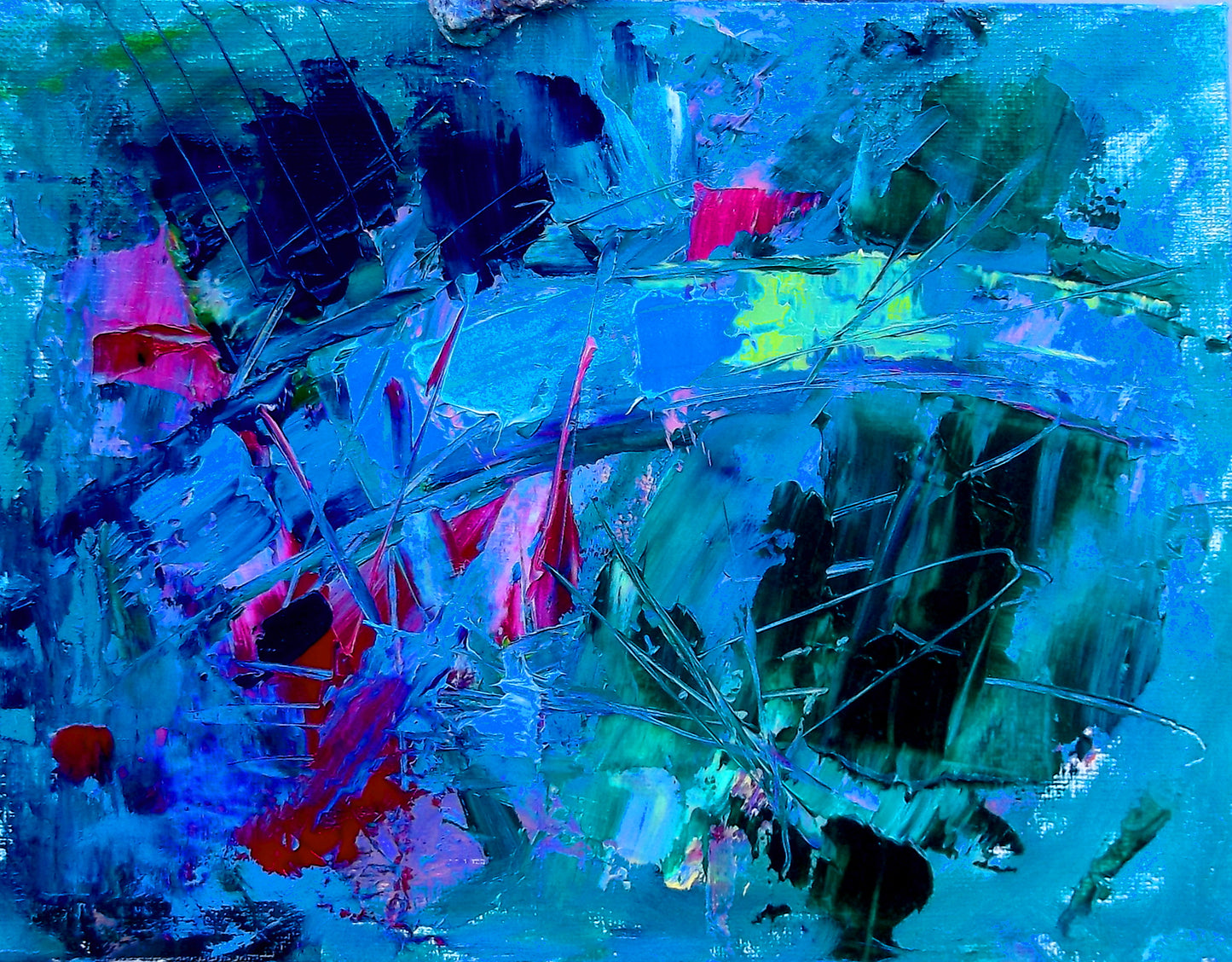 Abyssal Radiance  Abstract action Oil painting on stretched canvas 8 x 10 inches